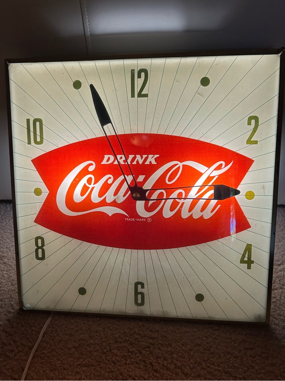 Vintage 1950s Coca-Cola Light Up PAM Square Bubble Glass Wall Clock